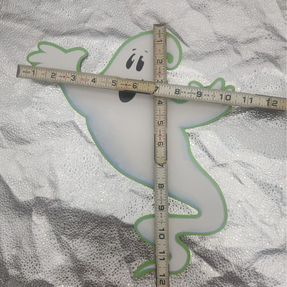 Die Cut Ghost & Cat Cartoon Neon Green Halloween Decoration Beistle Co 70s VTG